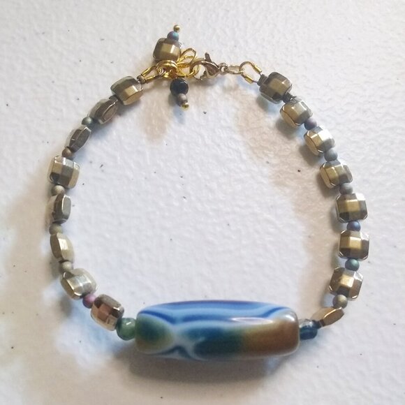 Banded Blue Agate Column & Sand Tile Bracelet! Beachy Coastal Ocean + Sand Hues - Picture 1 of 9